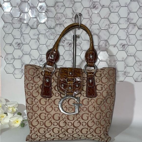 Guess Brown and Silver Tote Bag with Monogram Design - Picture 1 of 6